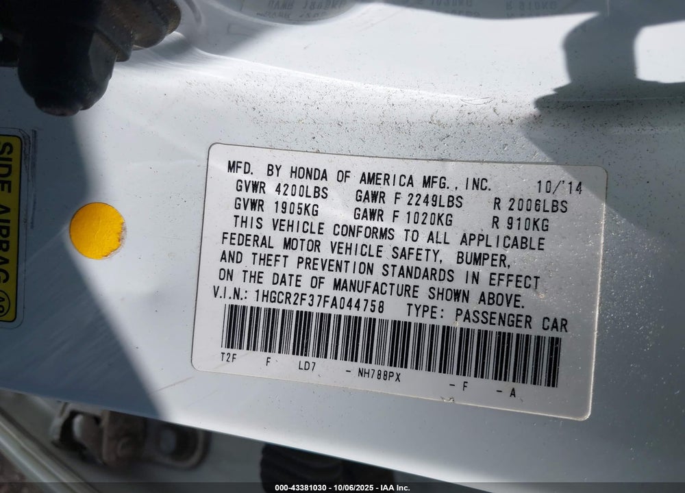 2015 HONDA ACCORD LX VIN: 1HGCR2F37FA044758