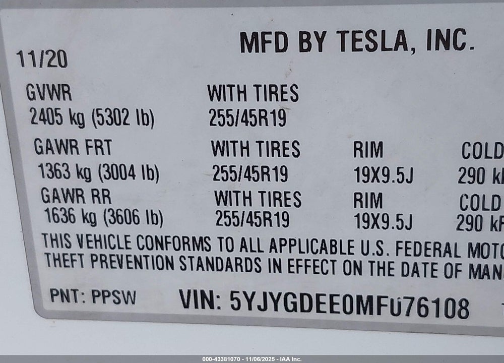 2021 TESLA MODEL Y VIN: 5YJYGDEE0MF076108