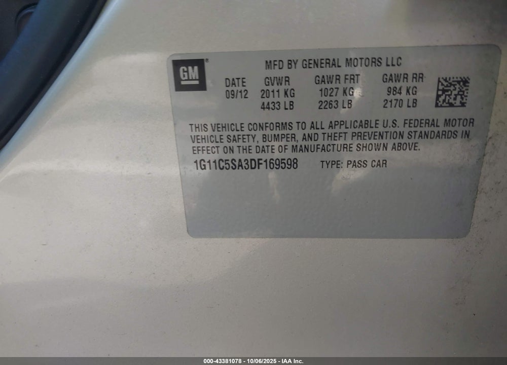 2013 CHEVROLET MALIBU VIN: 1G11C5SA3DF169598