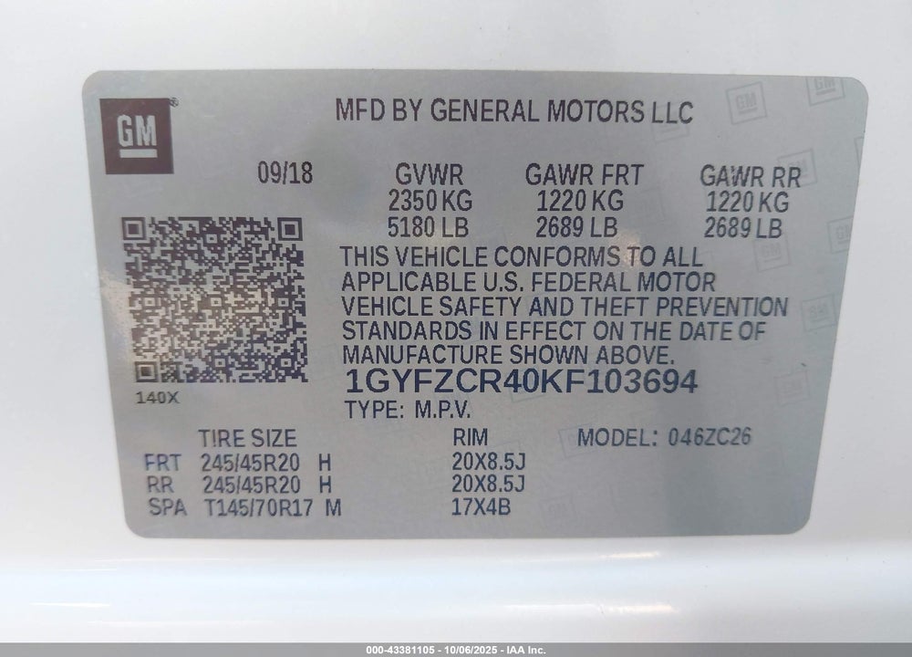 2019 CADILLAC XT4 PREMIUM LUXURY VIN: 1GYFZCR40KF103694