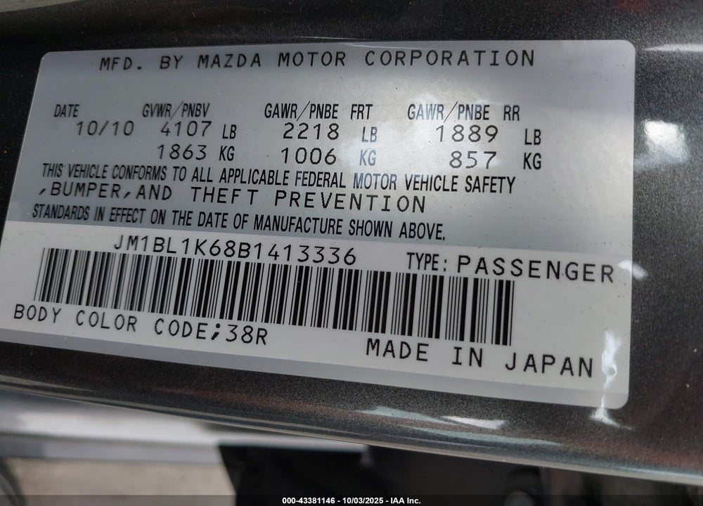 2011 MAZDA 3 VIN: JM1BL1K68B1413336