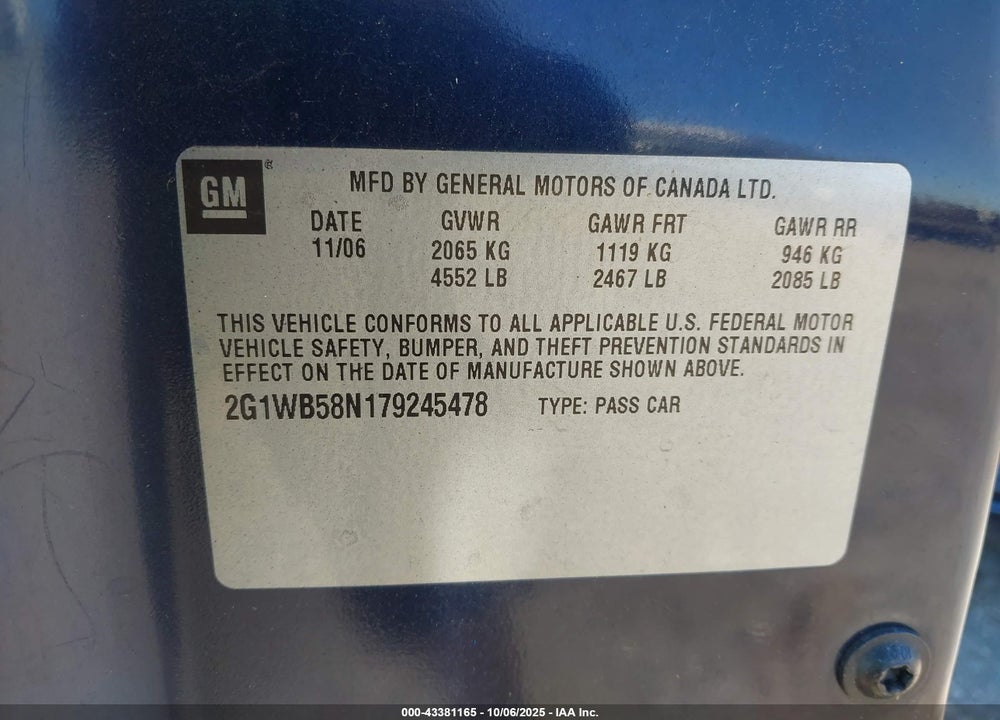2007 CHEVROLET IMPALA LS VIN: 2G1WB58N179245478