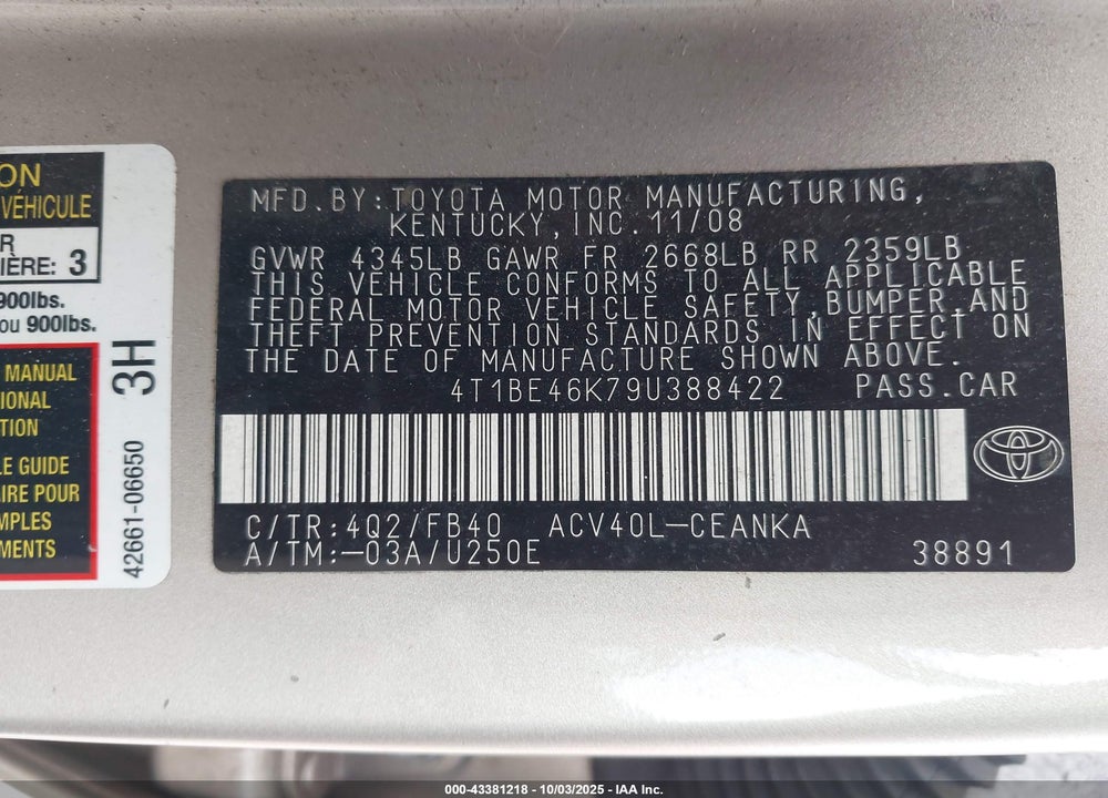 2009 TOYOTA CAMRY VIN: 4T1BE46K79U388422