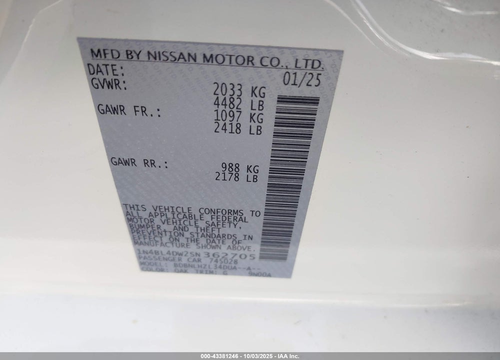 2025 NISSAN ALTIMA VIN: 1N4BL4DW2SN362705