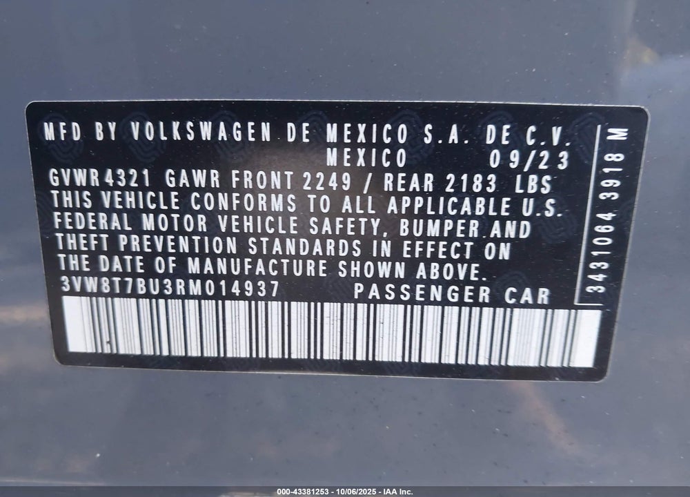 2024 VOLKSWAGEN JETTA VIN: 3VW8T7BU3RM014937