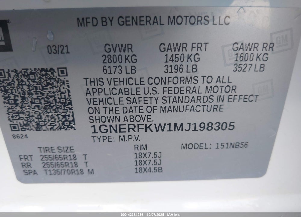 2021 CHEVROLET TRAVERSE VIN: 1GNERFKW1MJ198305