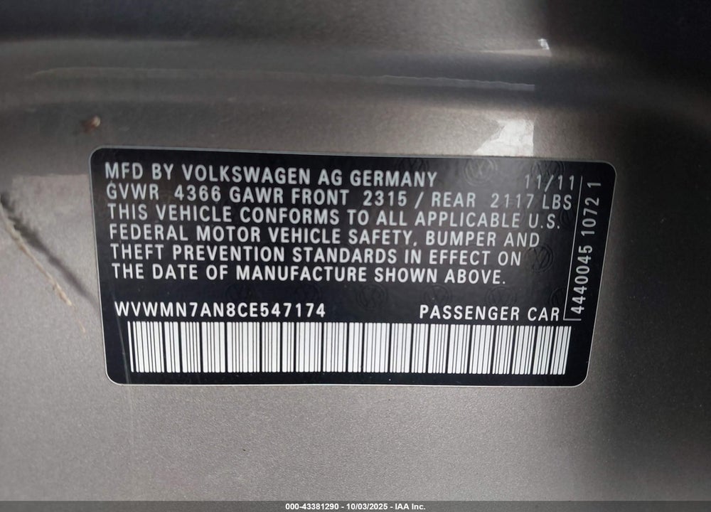 2012 VOLKSWAGEN CC VIN: WVWMN7AN8CE547174