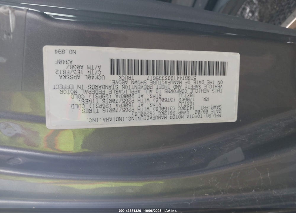 2003 TOYOTA TUNDRA SR5 V8 VIN: 5TBBT44193S335617