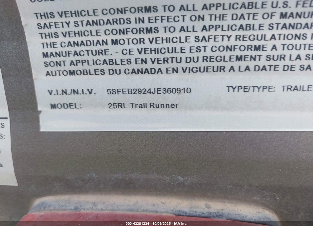 2018 HEARTLAND TRAVEL TRAILER VIN: 5SFEB2924JE360910