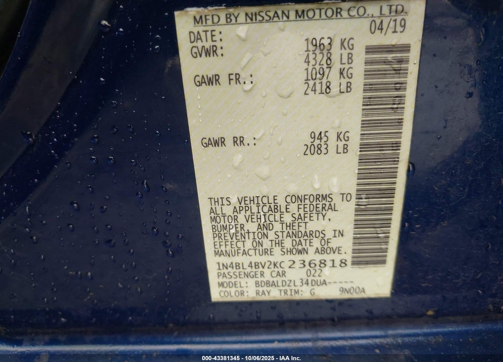 2019 NISSAN ALTIMA VIN: 1N4BL4BV2KC236818
