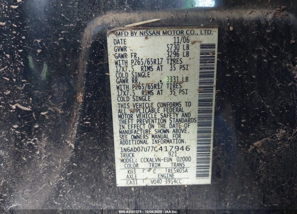 2007 NISSAN FRONTIER LE VIN: 1N6AD07U77C417946