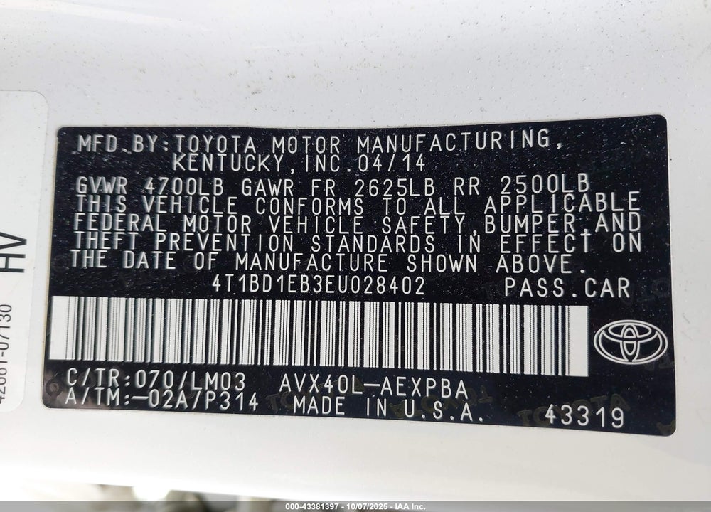 2014 TOYOTA AVALON HYBRID LIMITED VIN: 4T1BD1EB3EU028402