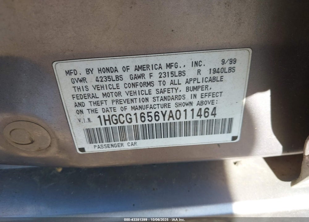 2000 HONDA ACCORD 3.0 EX VIN: 1HGCG1656YA011464