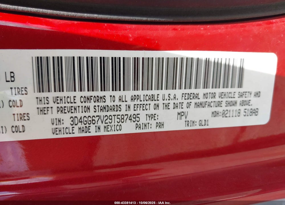 2009 DODGE JOURNEY VIN: 3D4GG67V29T587495