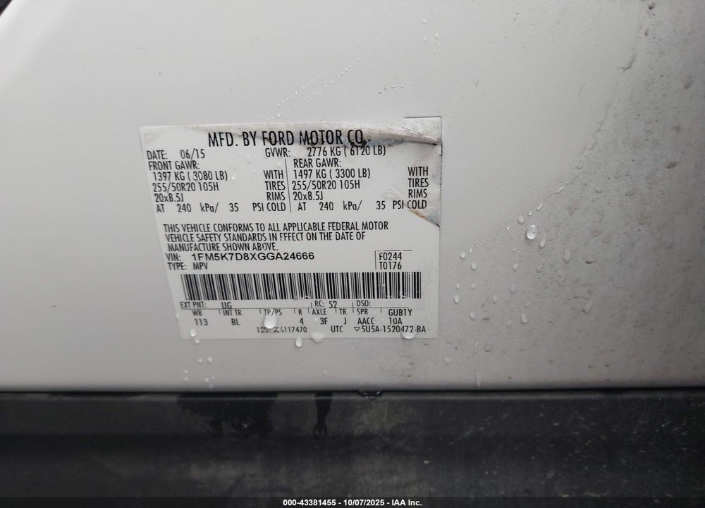 2016 FORD EXPLORER VIN: 1FM5K7D8XGGA24666