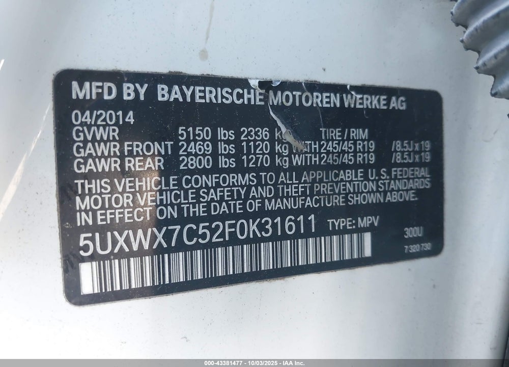2015 BMW X3 VIN: 5UXWX7C52F0K31611