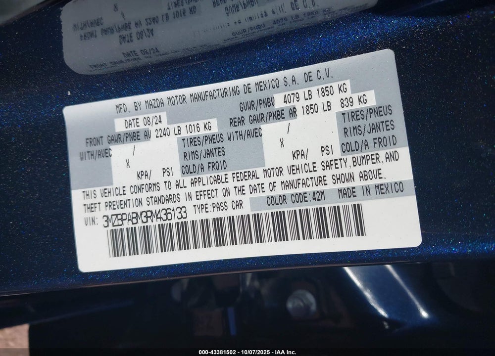 2024 MAZDA 3 2.5 S SELECT SPORT VIN: 3MZBPABM3RM436133