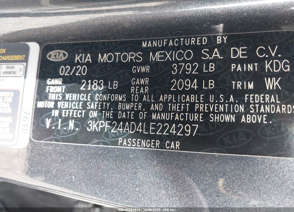 2020 KIA FORTE VIN: 3KPF24AD4LE224297