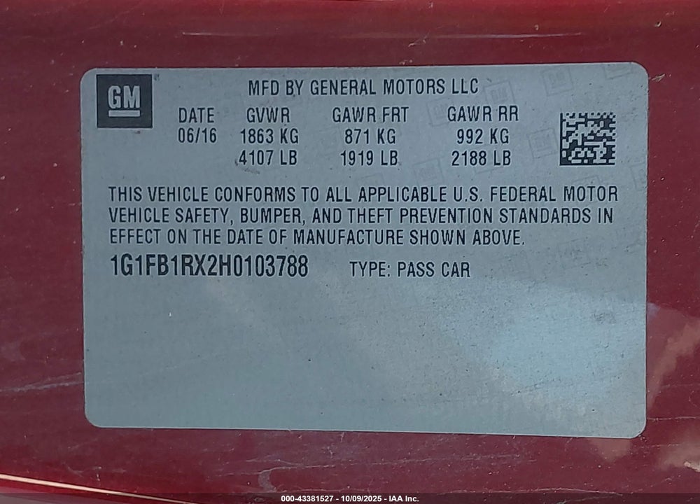 2017 CHEVROLET CAMARO 1LT VIN: 1G1FB1RX2H0103788