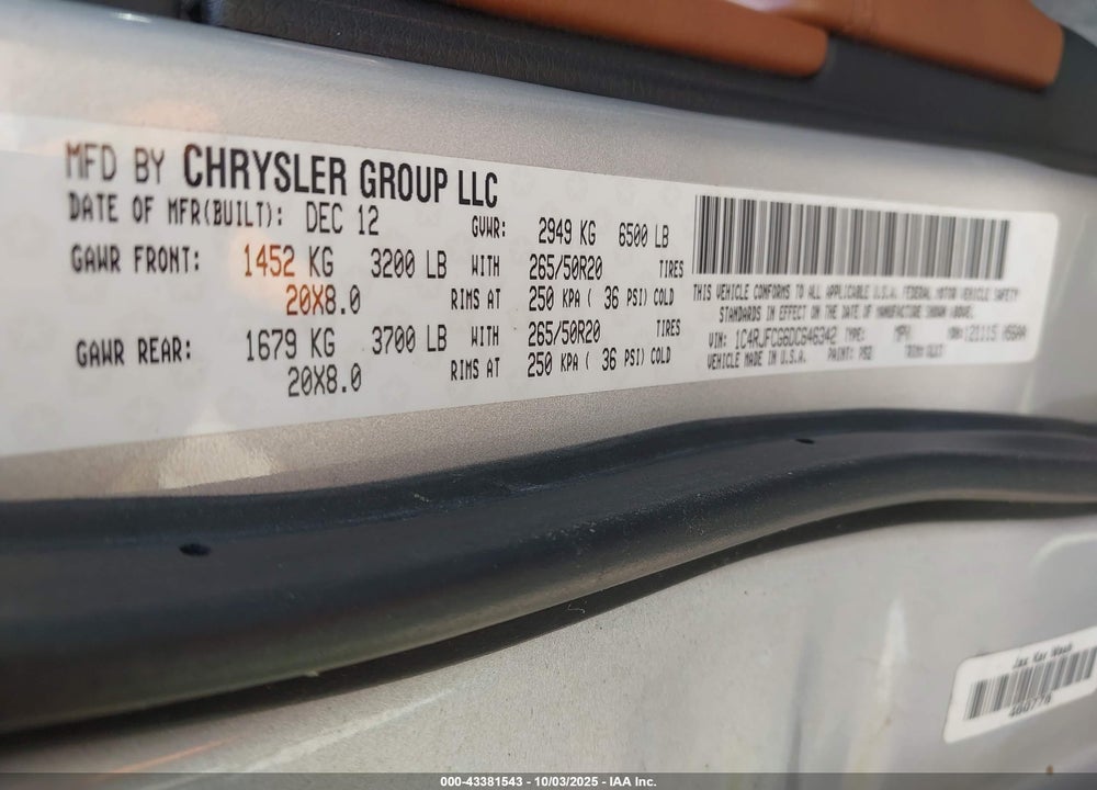2013 JEEP GRAND CHEROKEE VIN: 1C4RJFCG6DC646342