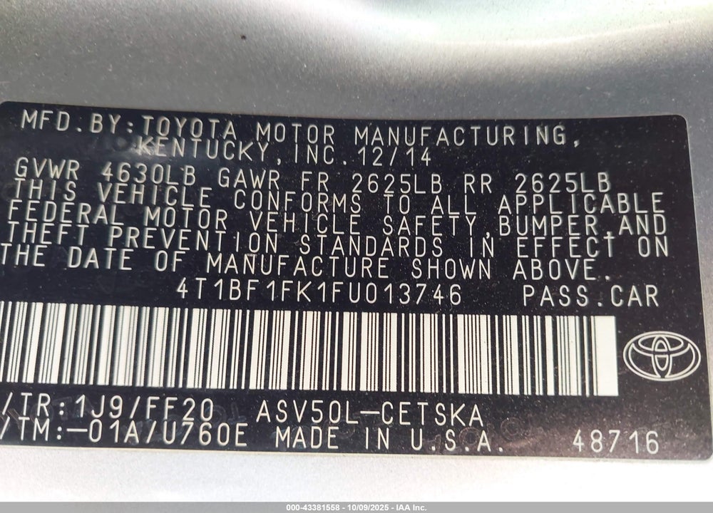 2015 TOYOTA CAMRY SE VIN: 4T1BF1FK1FU013746