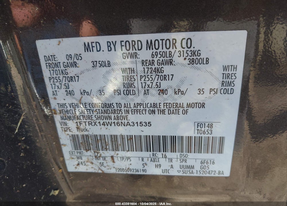 2006 FORD F-150 STX/XL/XLT VIN: 1FTRX14W16NA31535