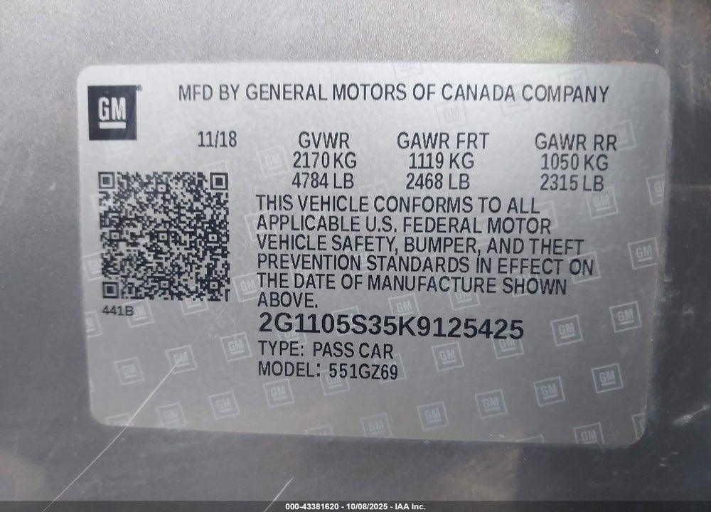 2019 CHEVROLET IMPALA PREMIER VIN: 2G1105S35K9125425