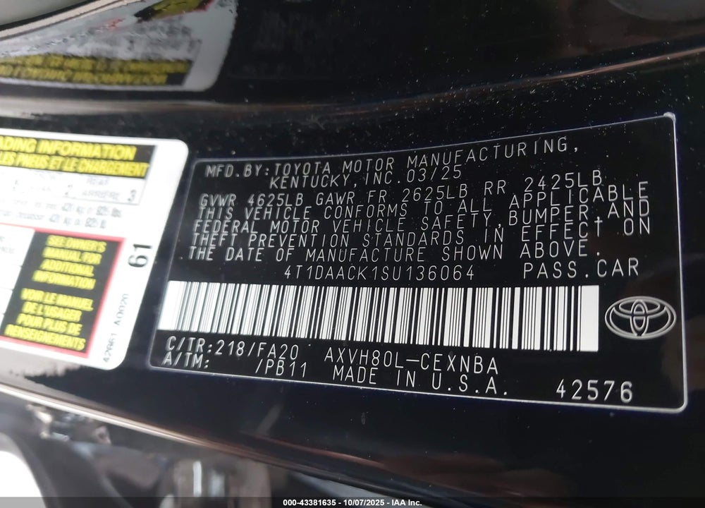 2025 TOYOTA CAMRY VIN: 4T1DAACK1SU136064