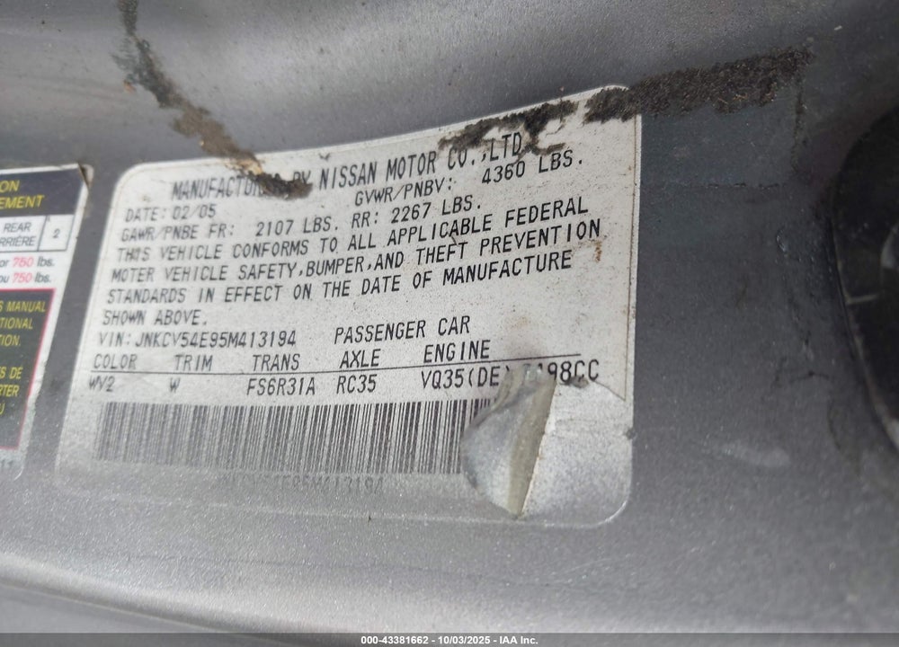 2005 INFINITI G35 VIN: JNKCV54E95M413194
