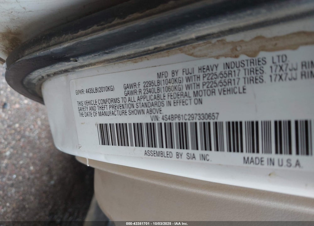 2009 SUBARU OUTBACK VIN: 4S4BP61C297330657