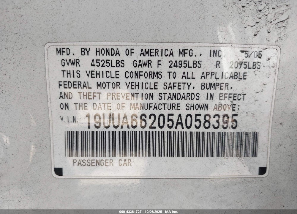 2005 ACURA TL VIN: 19UUA66205A058395