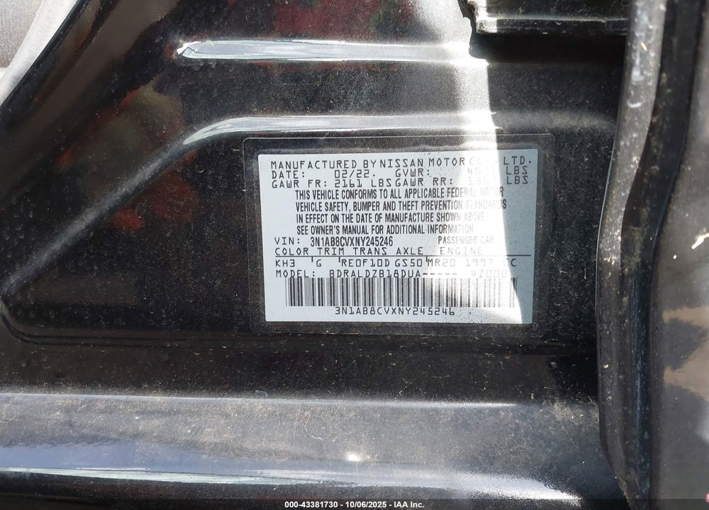 2022 NISSAN SENTRA SV XTRONIC CVT VIN: 3N1AB8CVXNY245246