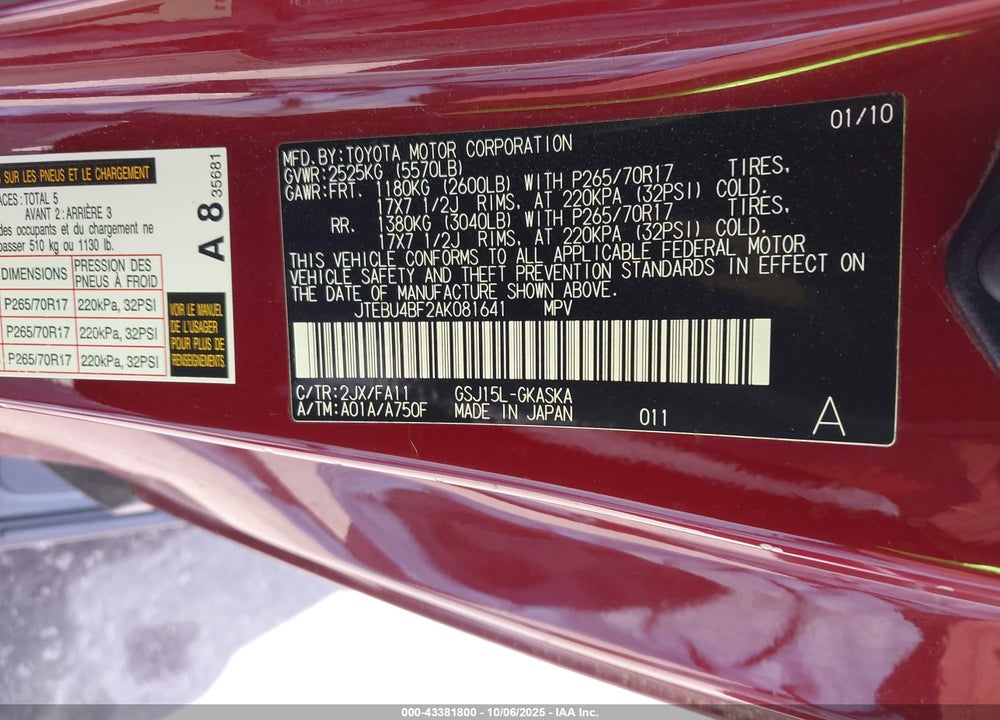2010 TOYOTA FJ CRUISER VIN: JTEBU4BF2AK081641