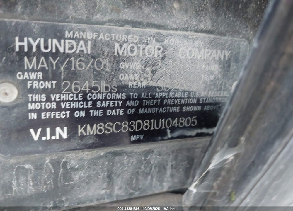 2001 HYUNDAI SANTA FE VIN: KM8SC83D81U104805