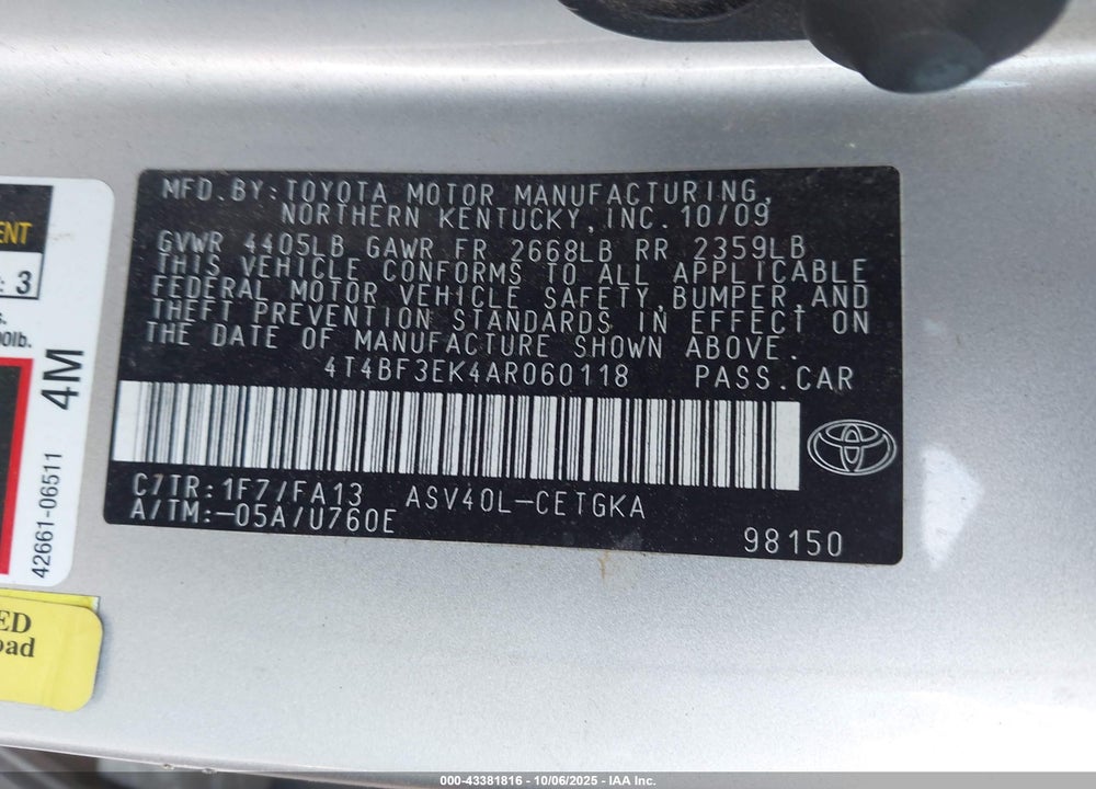 2010 TOYOTA CAMRY VIN: 4T4BF3EK4AR060118