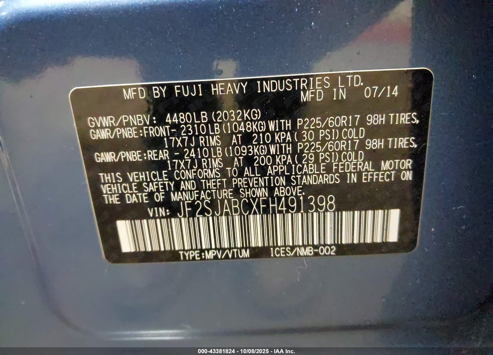 2015 SUBARU FORESTER 2.5I VIN: JF2SJABCXFH491398