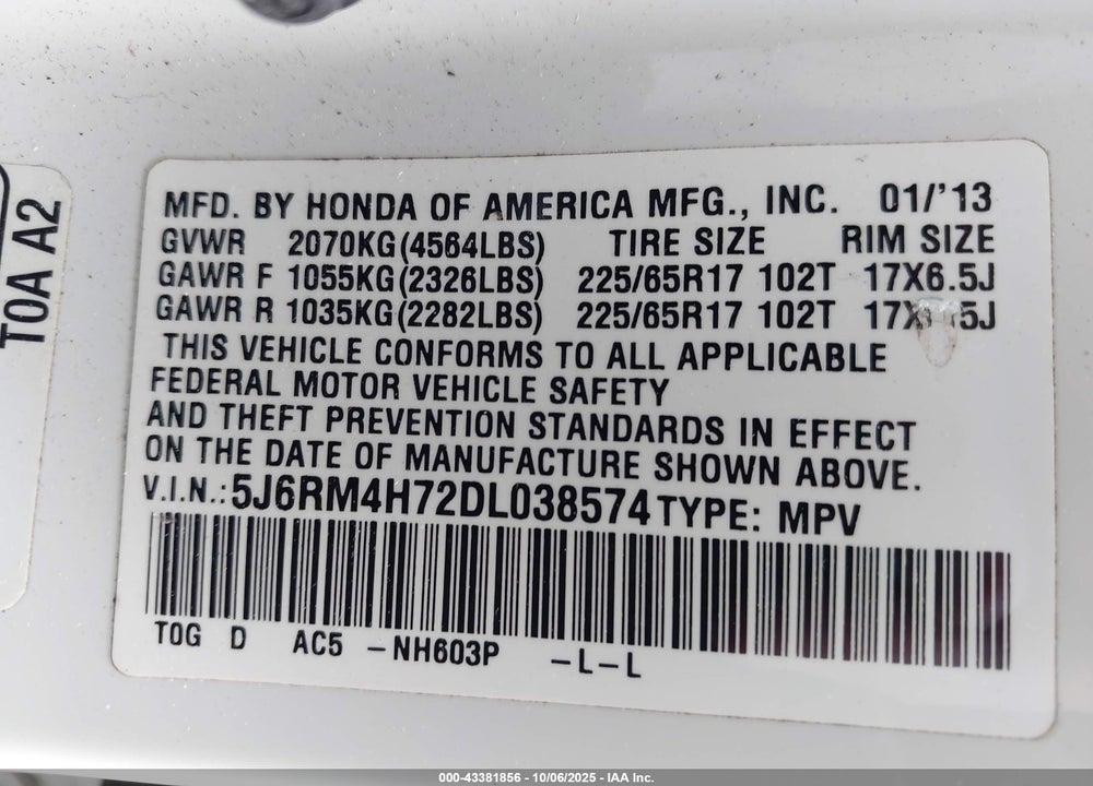 2013 HONDA CR-V EX-L VIN: 5J6RM4H72DL038574