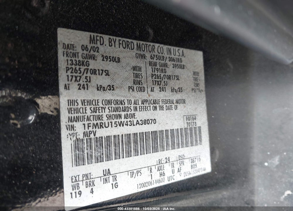 2003 FORD EXPEDITION XLT VIN: 1FMRU15W43LA38070