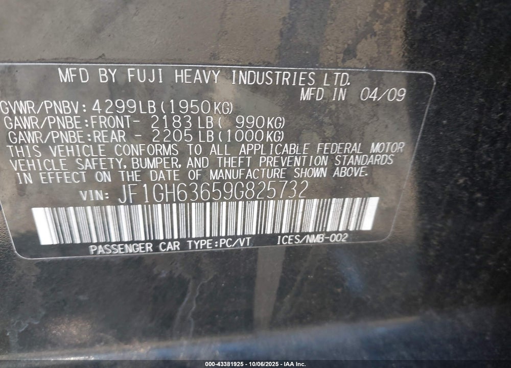 2009 SUBARU IMPREZA VIN: JF1GH63659G825732