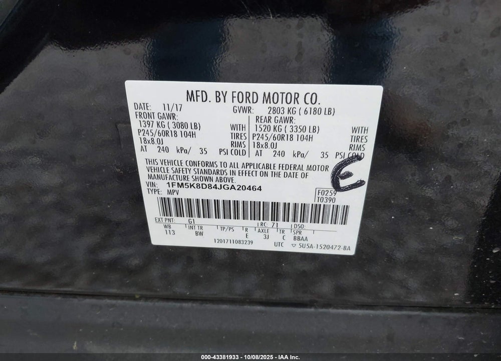 2018 FORD EXPLORER VIN: 1FM5K8D84JGA20464