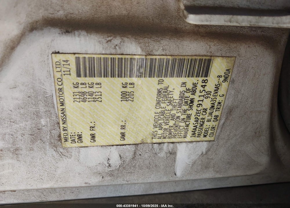 2014 NISSAN MAXIMA VIN: 1N4AA5AP2EC911548