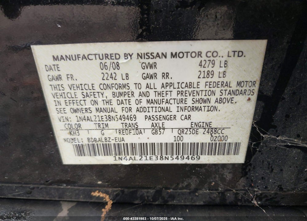 2008 NISSAN ALTIMA VIN: 1N4AL21E38N549469