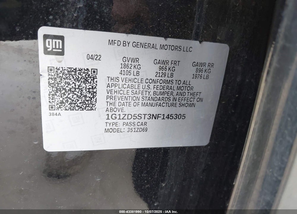 2022 CHEVROLET MALIBU FWD LT VIN: 1G1ZD5ST3NF145305
