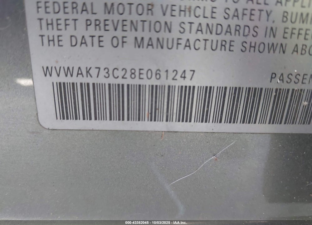 2008 VOLKSWAGEN PASSAT VIN: WVWAK73C28E061247