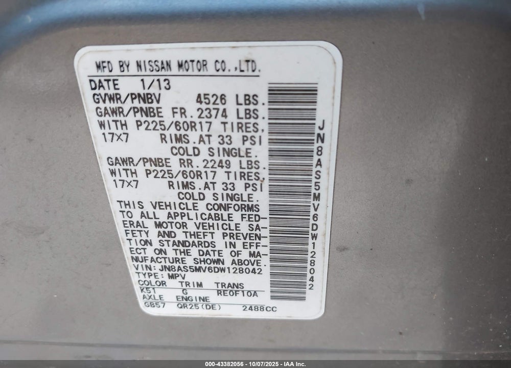 2013 NISSAN ROGUE VIN: JN8AS5MV6DW128042