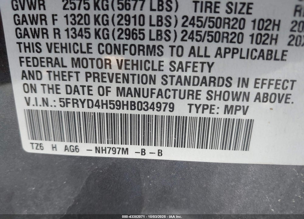 2017 ACURA MDX VIN: 5FRYD4H59HB034979