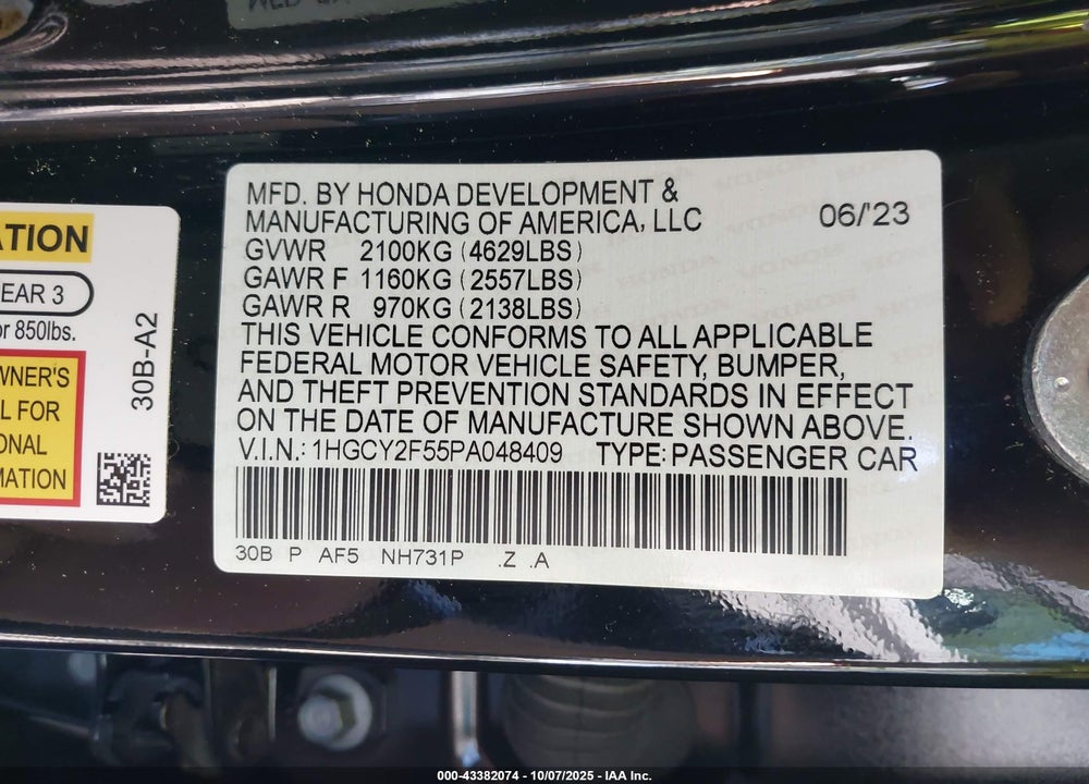 2023 HONDA ACCORD VIN: 1HGCY2F55PA048409