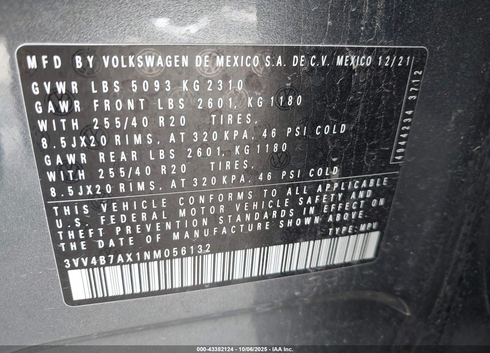 2022 VOLKSWAGEN TIGUAN VIN: 3VV4B7AX1NM056132