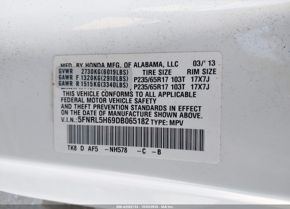 2013 HONDA ODYSSEY EX-L VIN: 5FNRL5H69DB065182