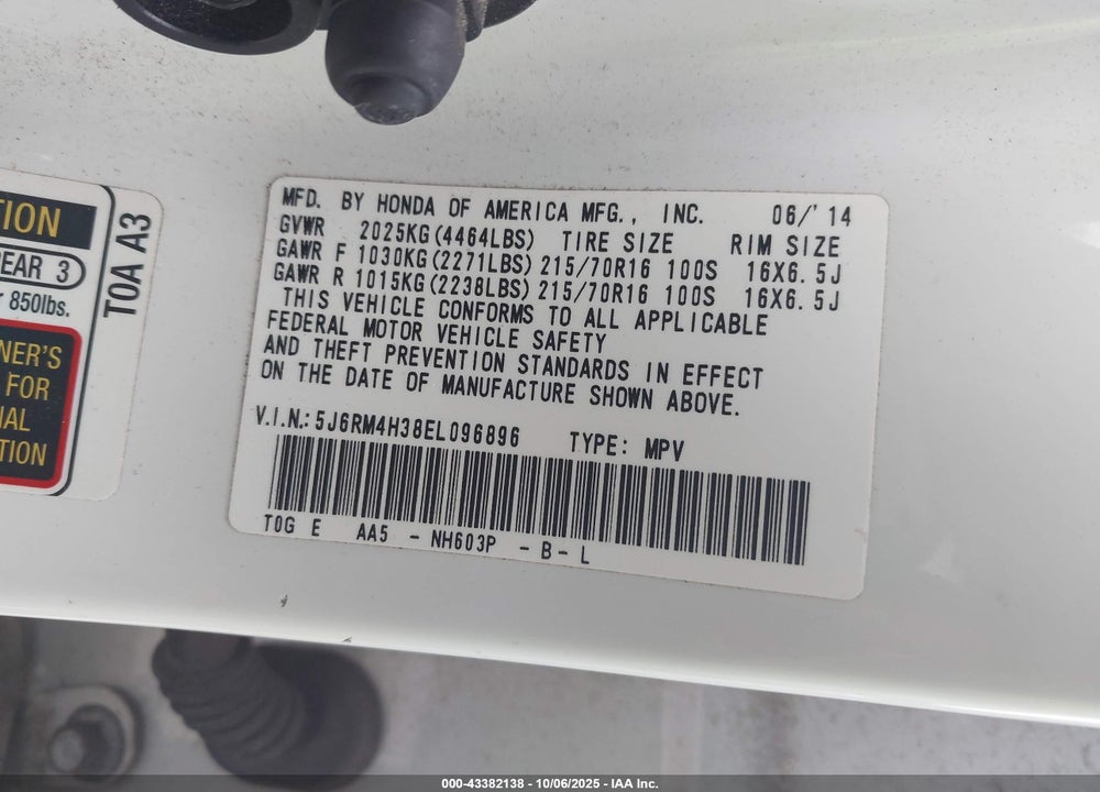 2014 HONDA CR-V VIN: 5J6RM4H38EL096896